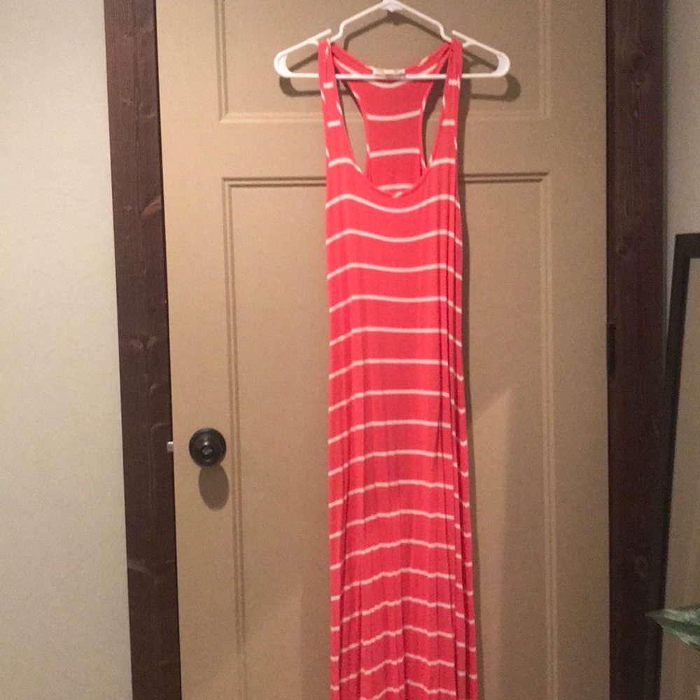 Pink and white stripe racer back maxi dress